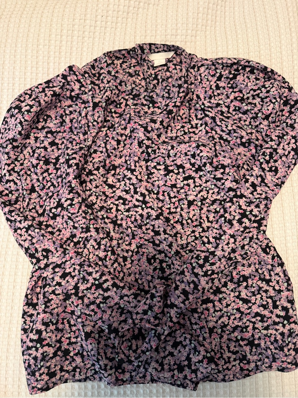 H&M Black Floral Puff-Sleeve Blouse with Pink Accents